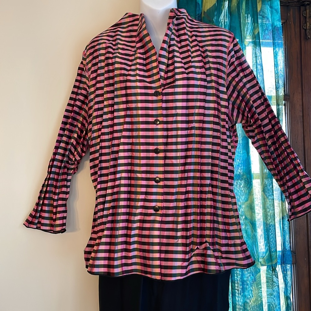 BELUVA San Francisco Checked Crinkle Pleat Top XL